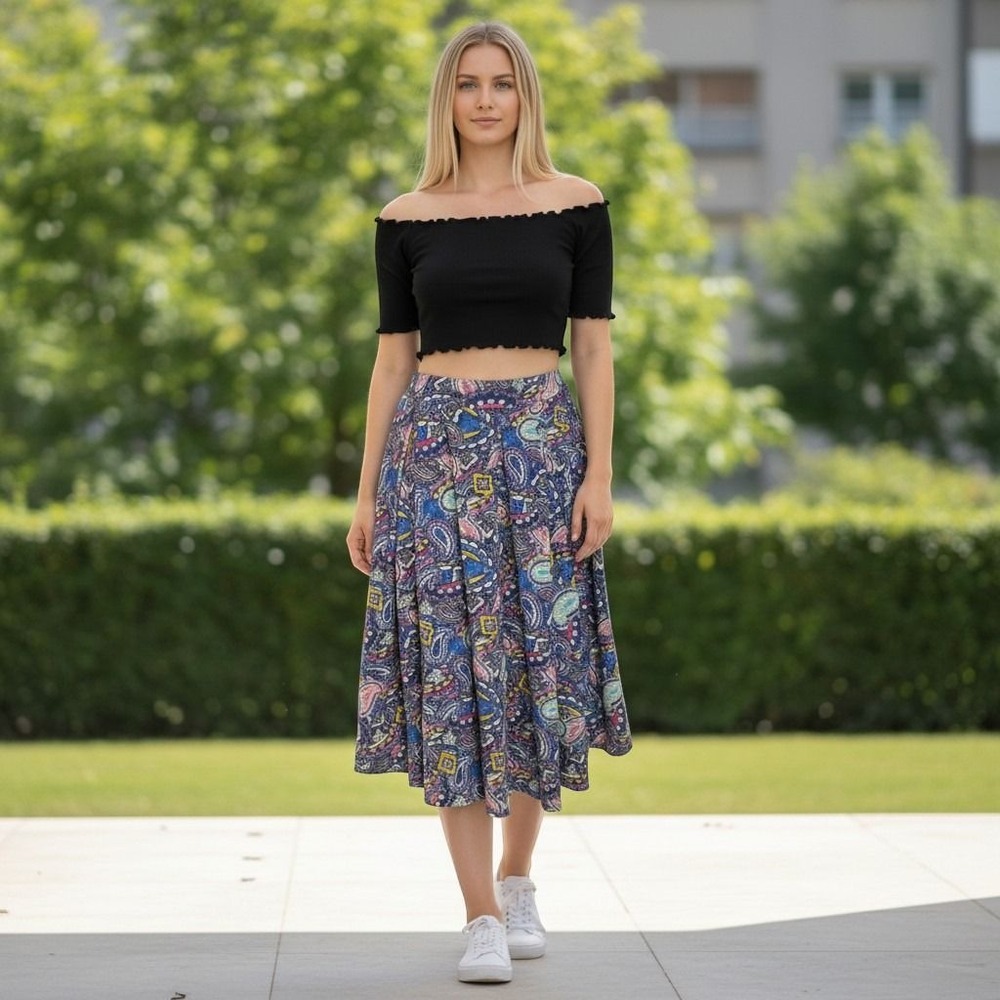 279. LuLaRoe Madison Skirt XL Blue Pink Paisley Pleated Midi A-Line with Pockets
